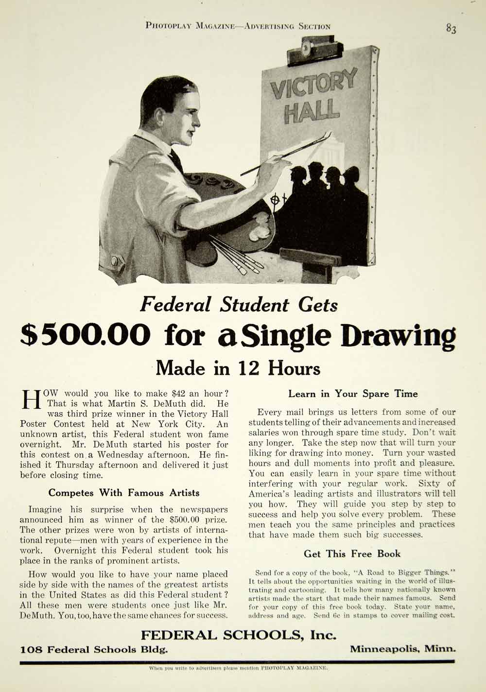1921 Ad Federal Schools Art Illustration Drawing Martin S. DeMuth YPP2