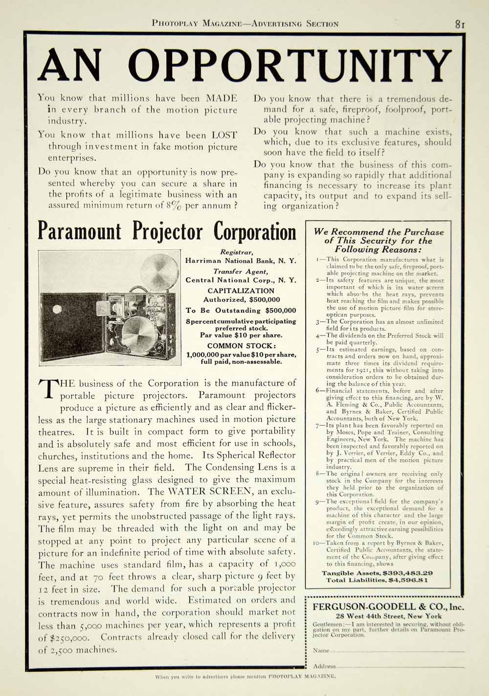 1921 Ad Paramount Projector Investment Stock Silent Film Motion Picture YPP2