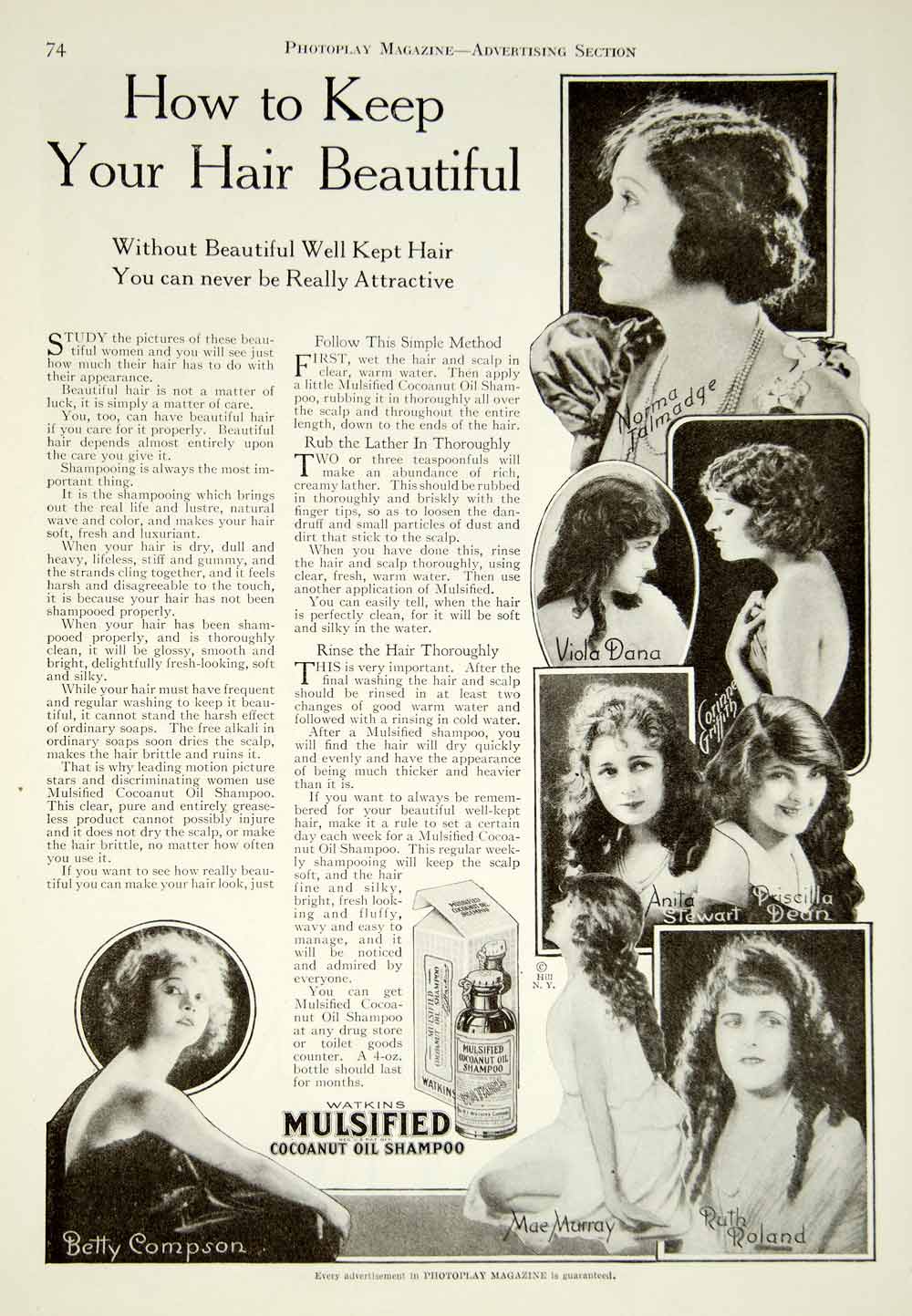 1921 Ad Watkins Mulsified Cocoanut Oil Shampoo Silent Film Actresses Mae YPP2