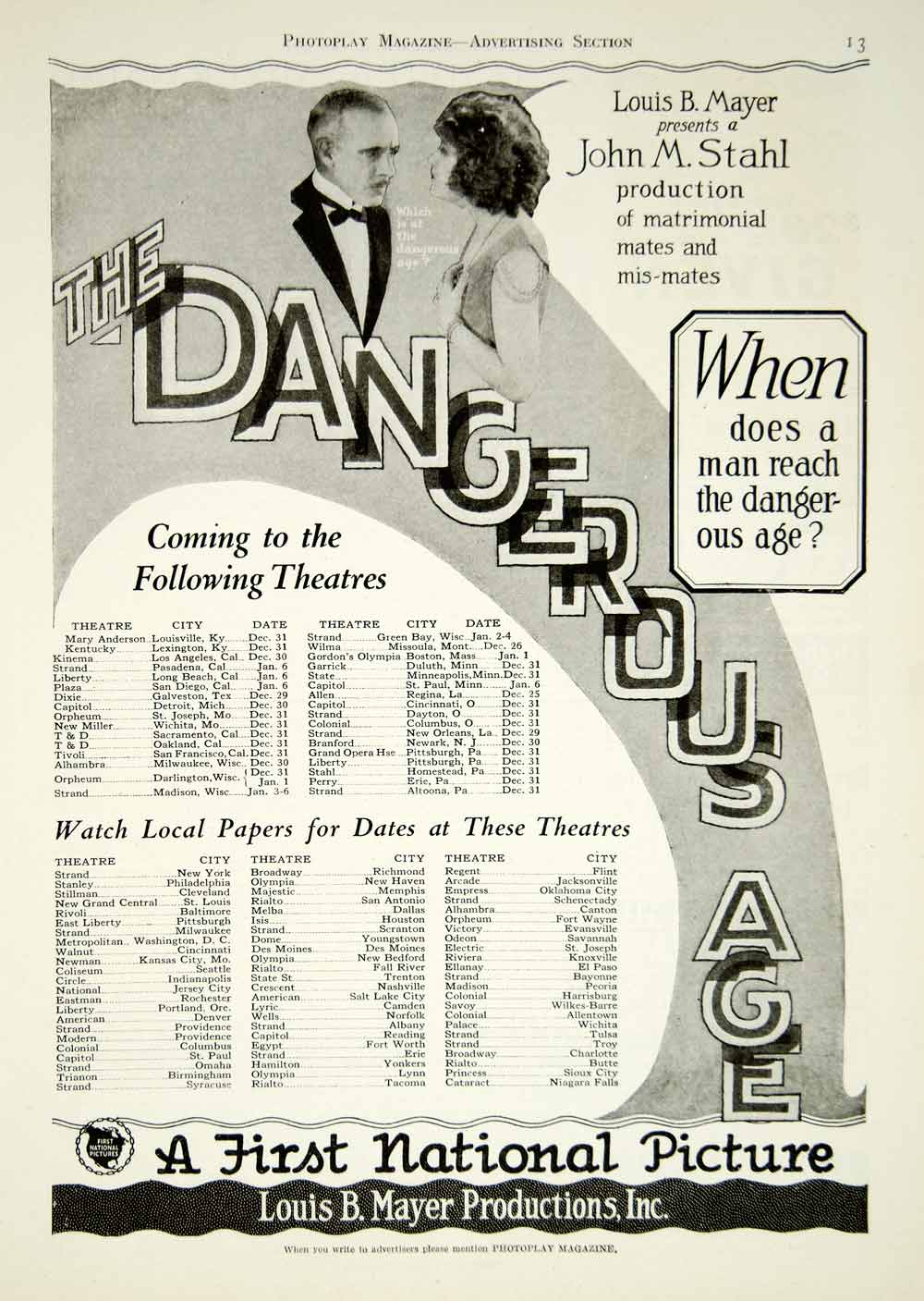 1923 Ad Silent Film Dangerous Age Louis B. Mayer John M. Stahl Motion YPP2