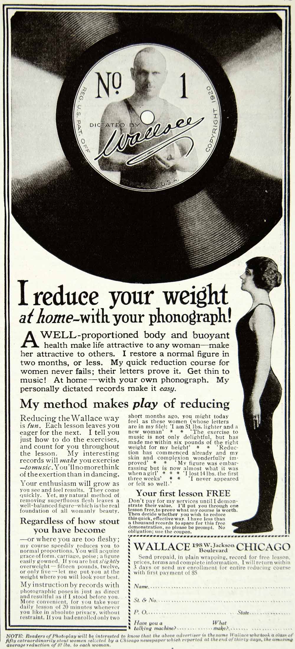 1921 Ad Vintage Wallace Weight Loss Course Phonograph Records Exercise YPP2