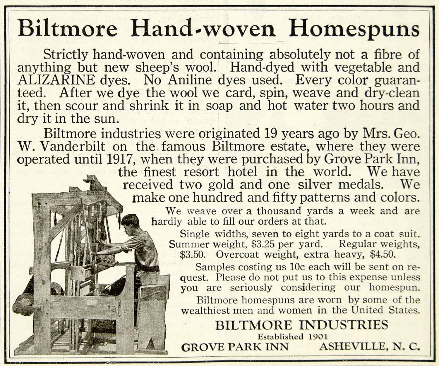 1921 Ad Biltmore Estate Handwoven Homespun Loom Fabric Grove Park Inn YPP2