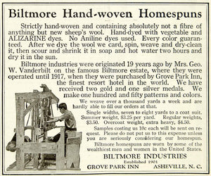1921 Ad Biltmore Estate Handwoven Homespun Loom Fabric Grove Park Inn YPP2