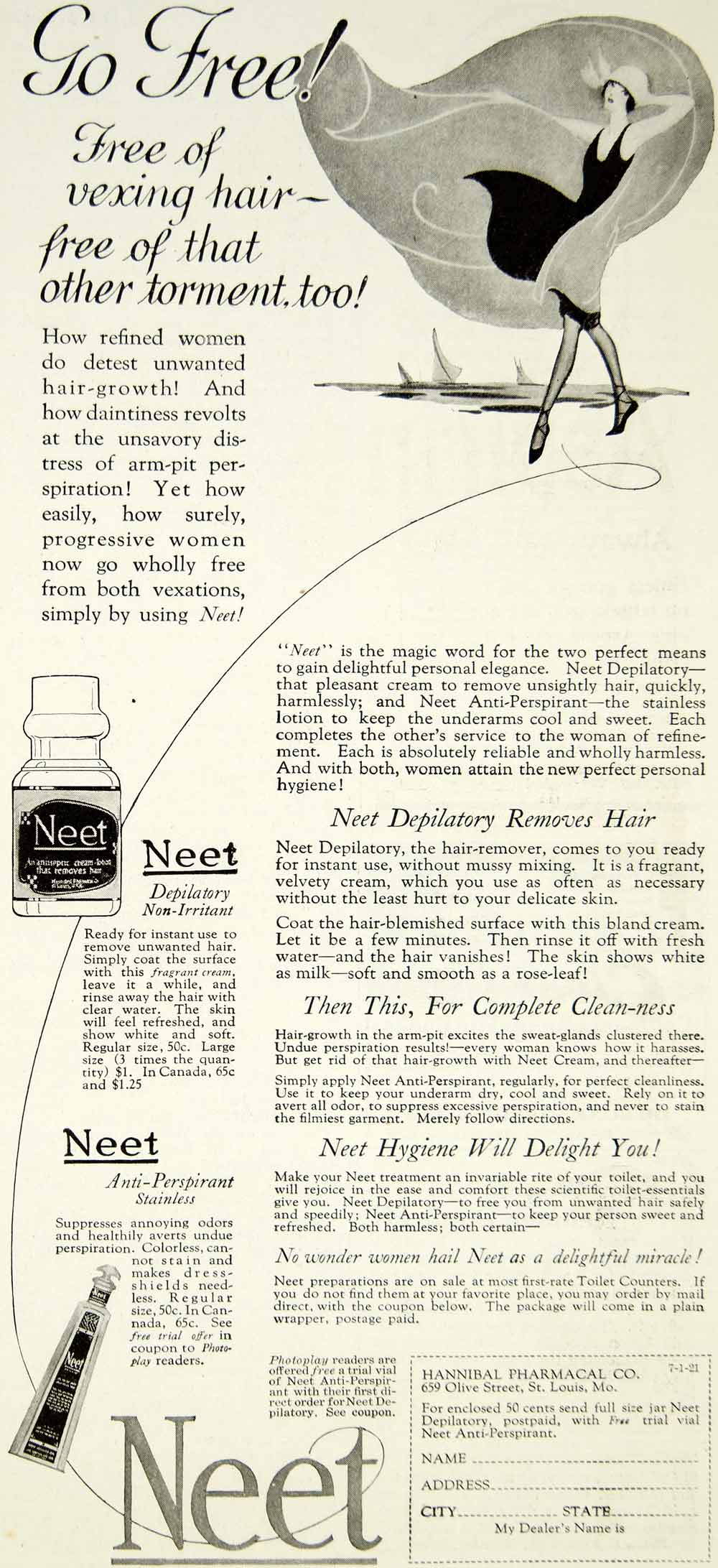 1921 Ad Neet Depilatory Hair Removal Antiperspirant Hannibal Pharmacal Skin YPP2