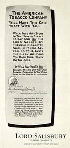1921 Ad Vintage Lord Salisbury Turkish Cigarettes American Tobacco Co YPP2