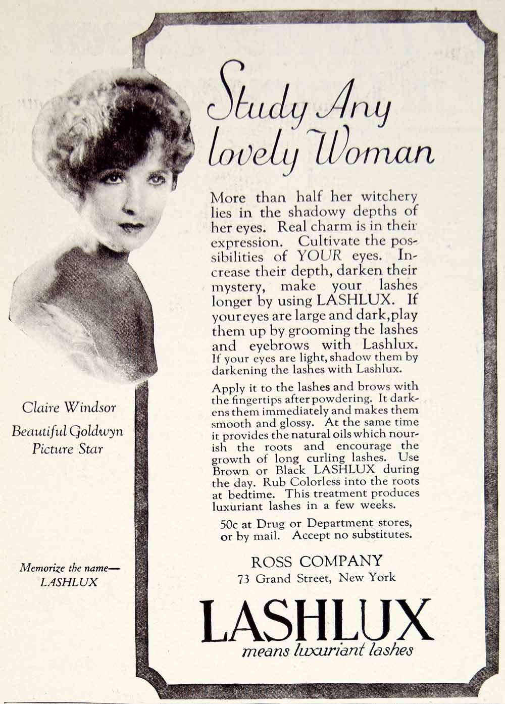 1922 Ad Lashlux Mascara Eyes Claire Windsor Goldwyn Silent Film Star YPP2