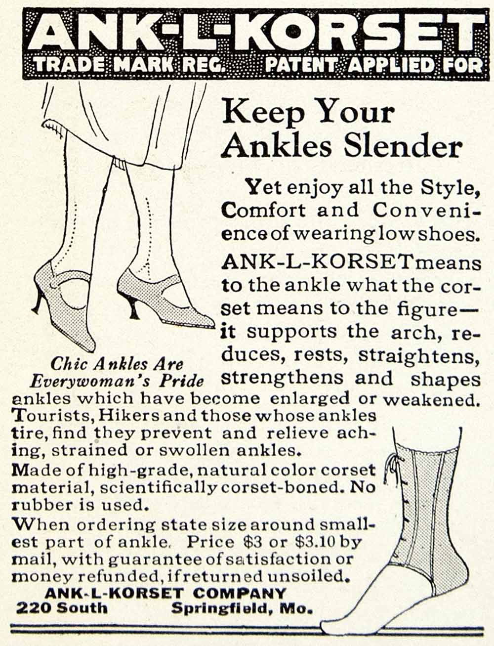 1922 Ad Vintage Ank-L-Korset Slender Ankle Corset Support Springfield MO YPP2
