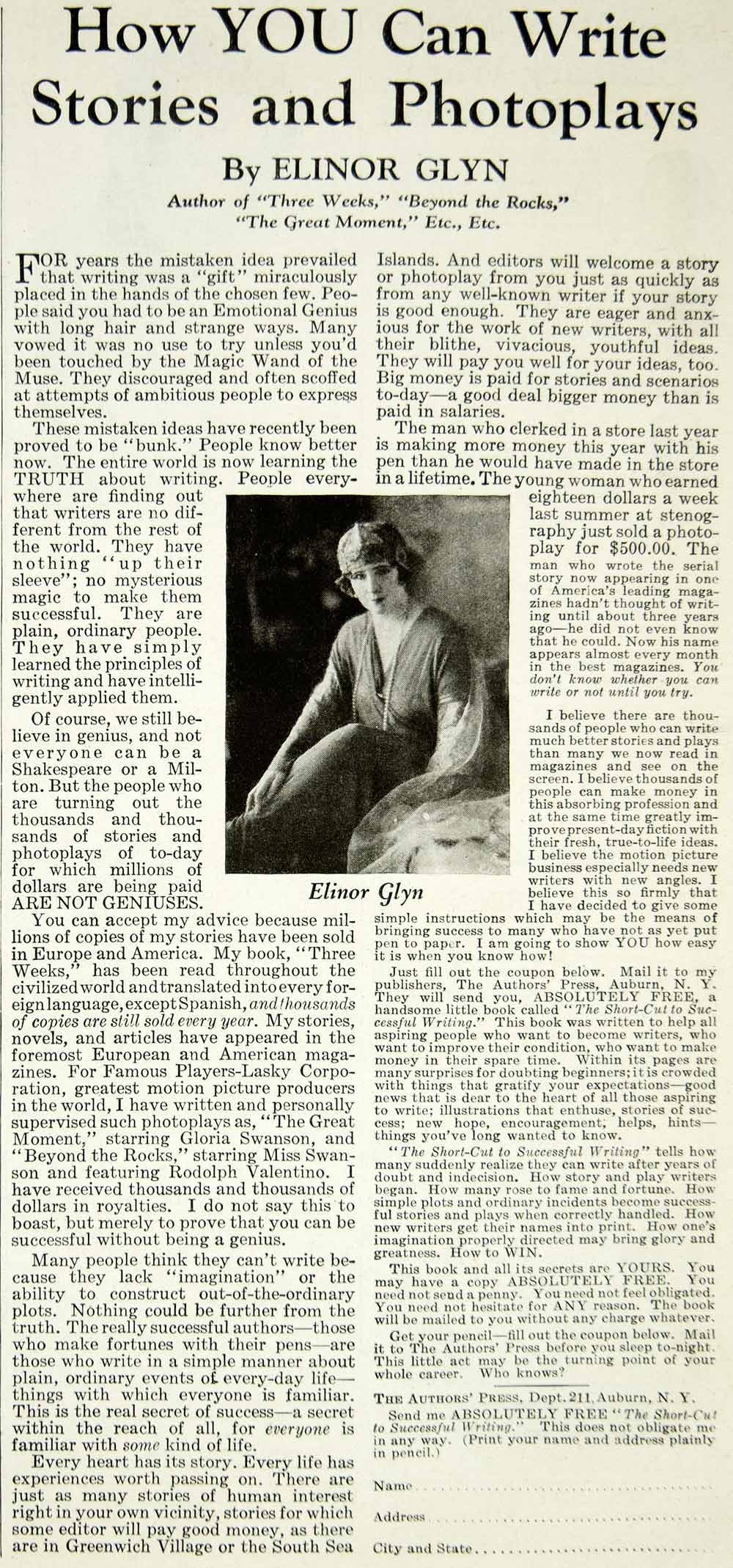 1922 Ad Book Screenwriting Screenwriter Elinor Glyn Scripwriter Silent Film YPP2