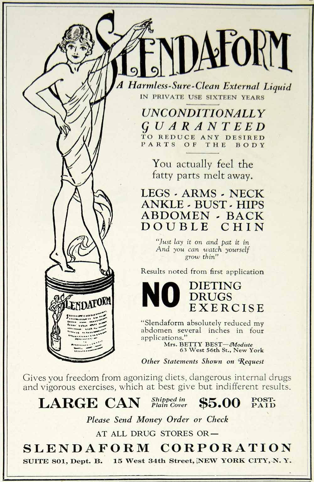 1923 Ad Vintage Quackery Slendaform Weight Reduction Fat Loss Nude Woman YPP2