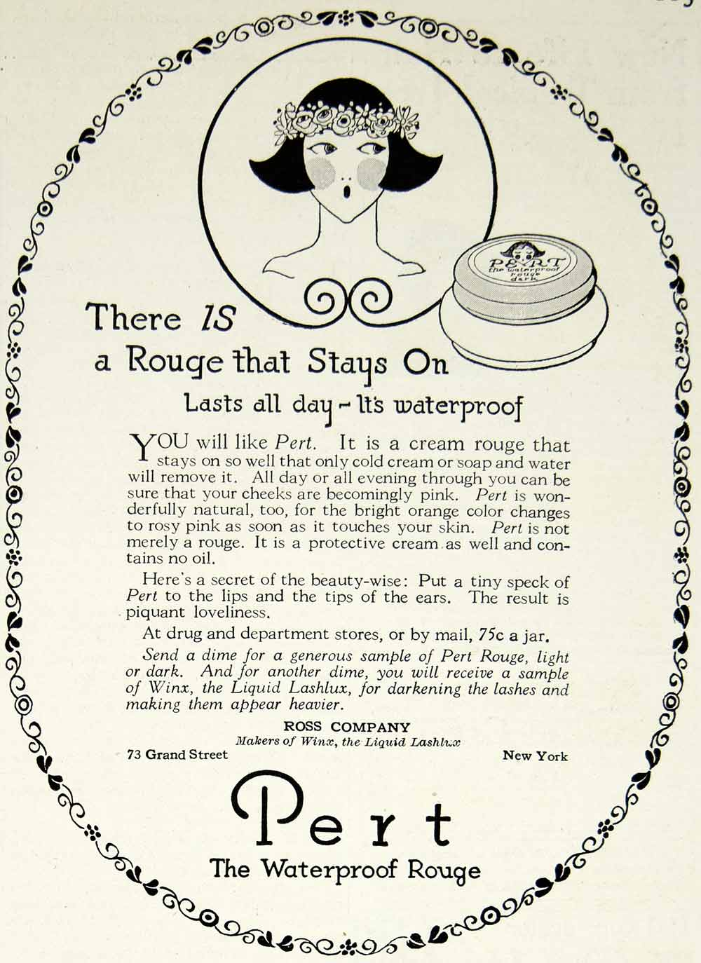 1923 Ad Vintage Pert Waterproof Cream Rouge Cosmetics Beauty Face Make-up YPP2