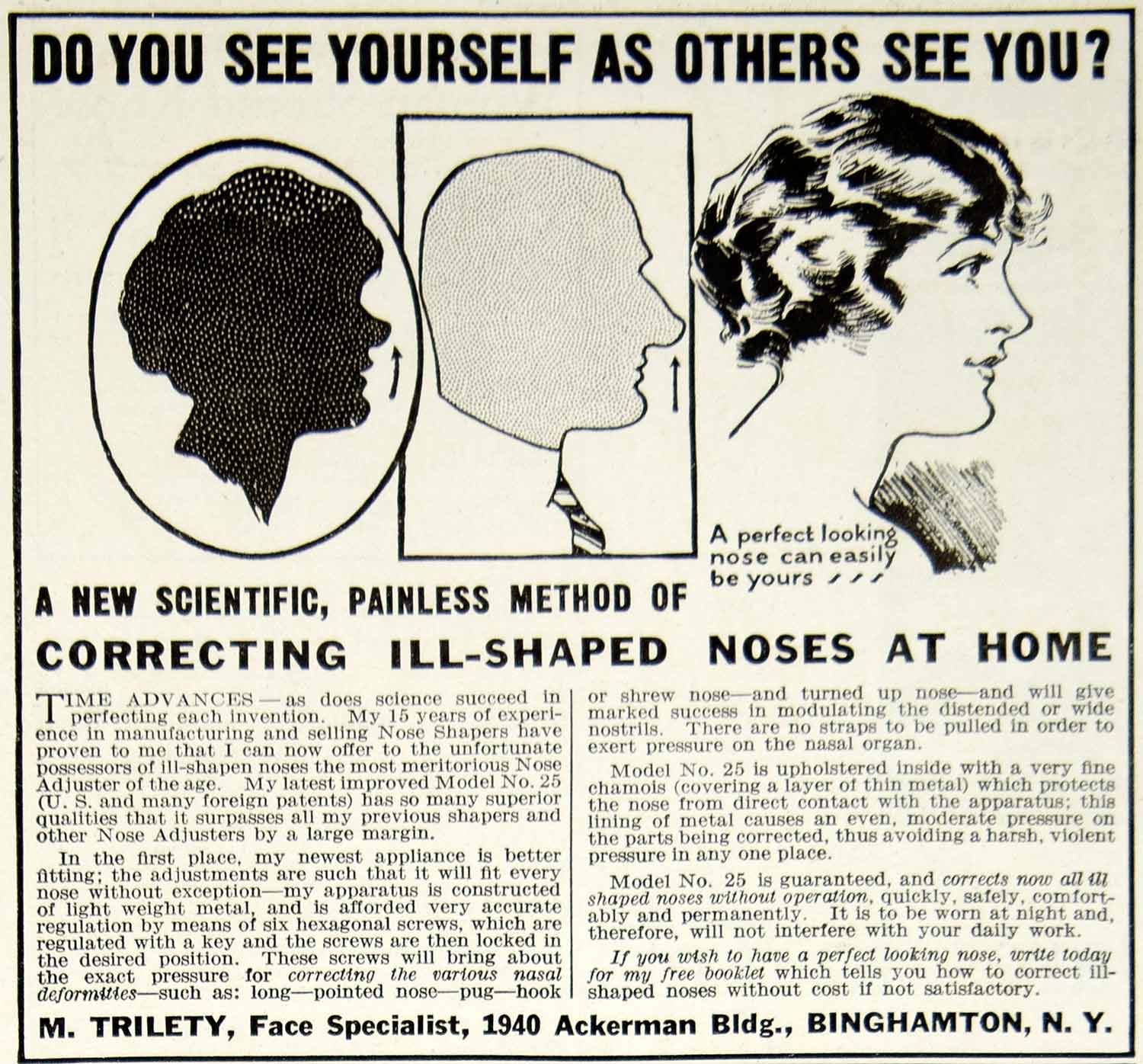 1923 Ad Vintage Quackery M. Trilety Nose Shaping Shaper Model 25 Face YPP2