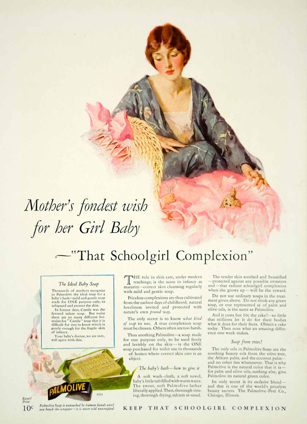 1927 Ad Vintage Palmolive Soap Baby Girl Mother Pink Bassinet Complexion YPP3