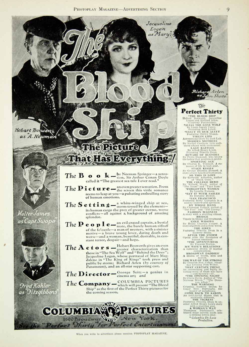 1927 Ad Silent Film Blood Ship George B. Seitz Hobart Bosworth Jacqueline YPP3