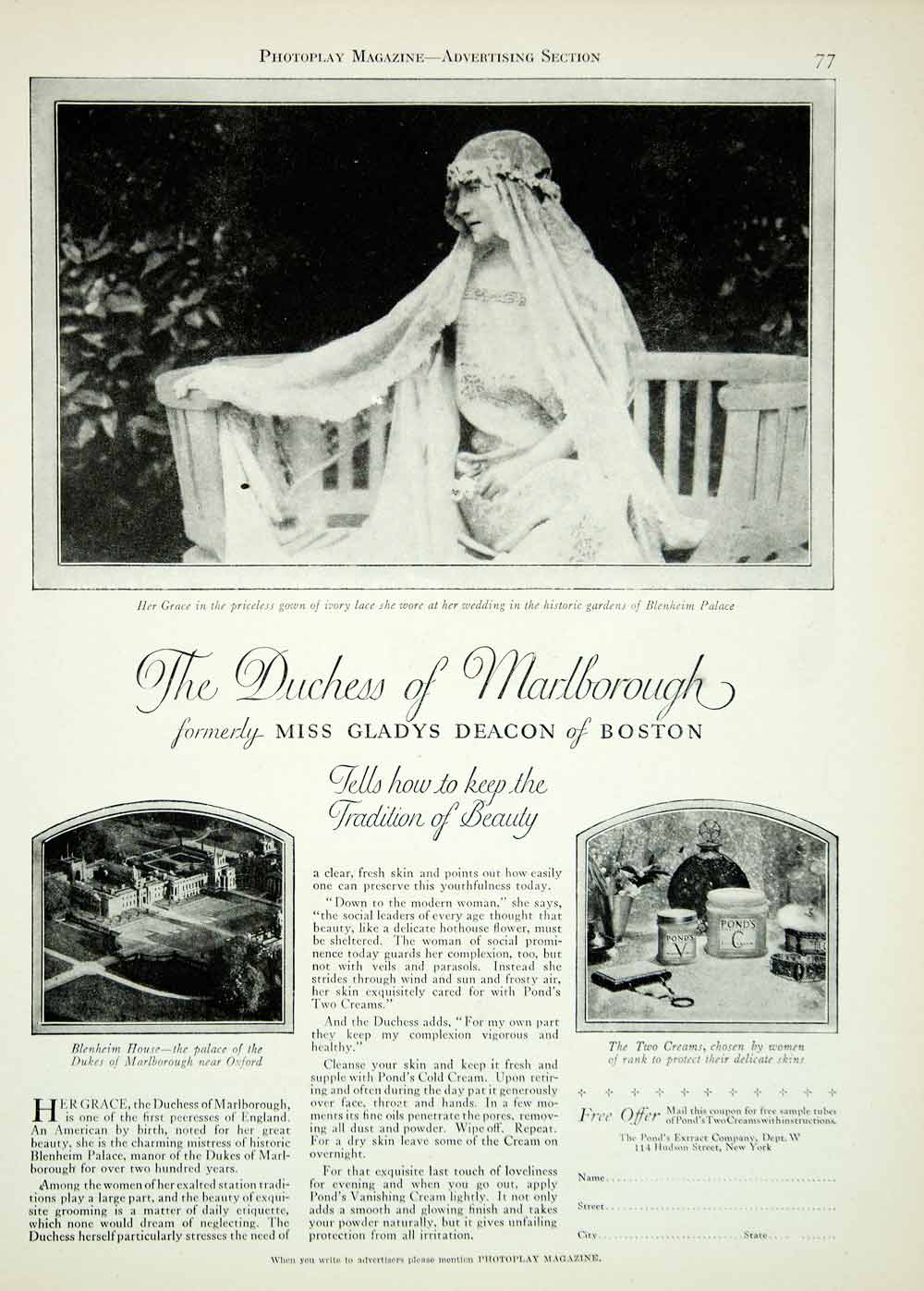 1927 Ad Bonds Cold Cream Duchess Marlborough Bride Gladys Deacon Blenheim YPP3