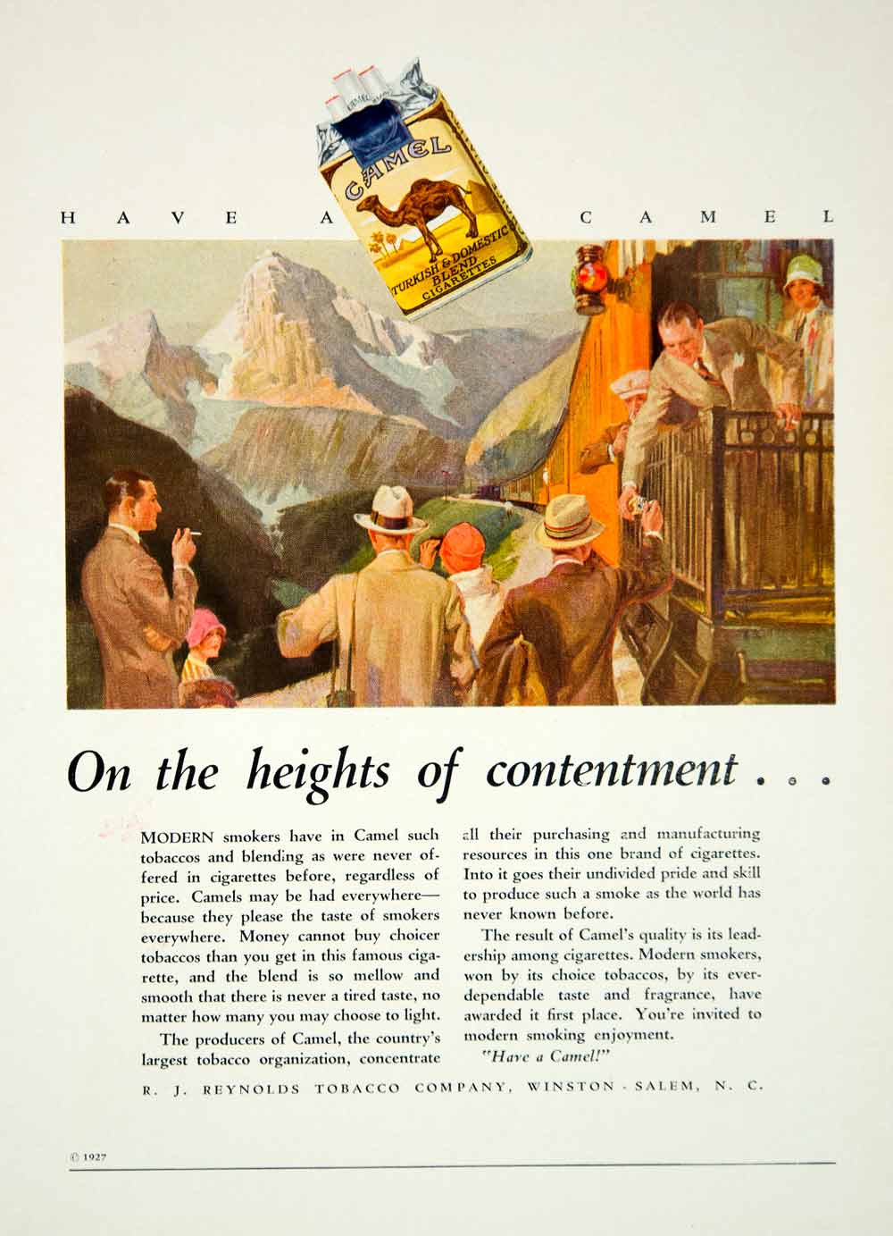 1927 Ad Vintage Camel Cigarettes Train Travel Passenger Mountain Smoking YPP3