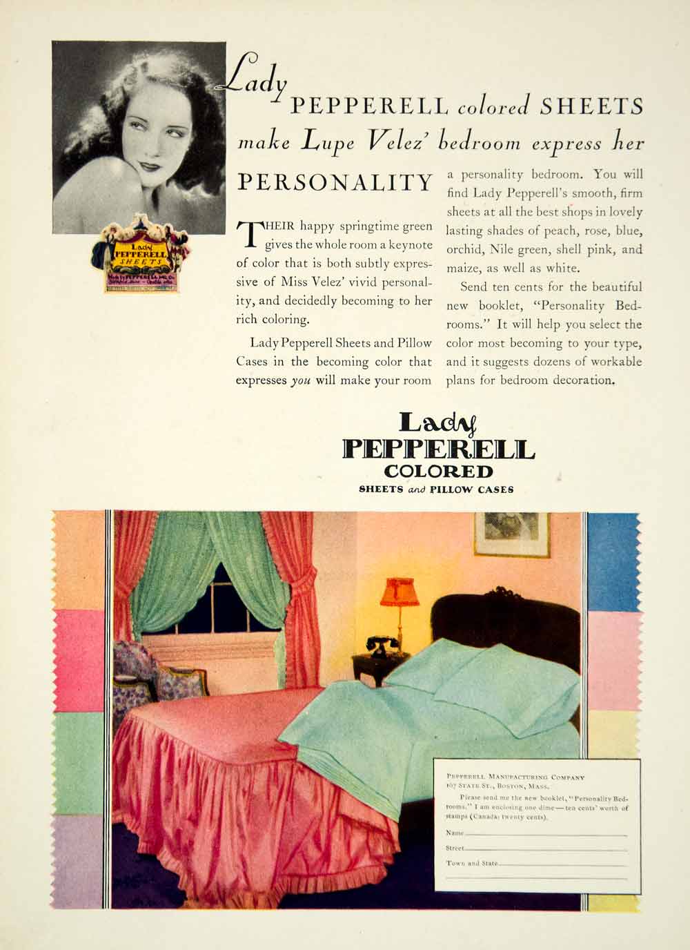 1929 Ad Vintage Lady Pepperell Bed Sheets Pillowcases Lupe Velez Actress YPP3