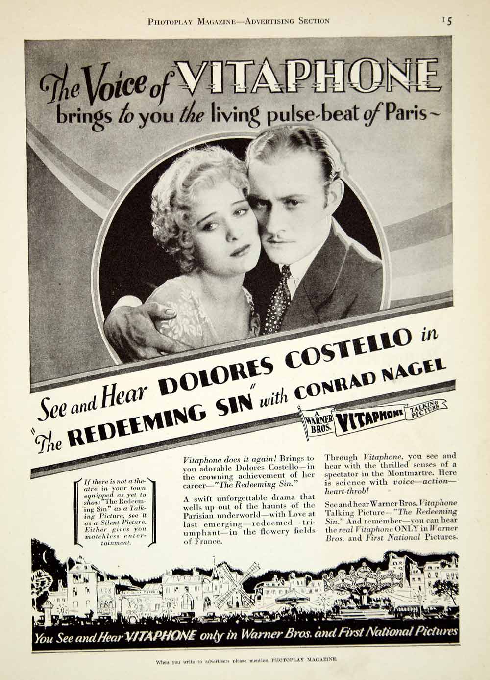 1929 Ad Silent Film Redeeming Sin Vitaphone Talking Picture Dolores YPP3