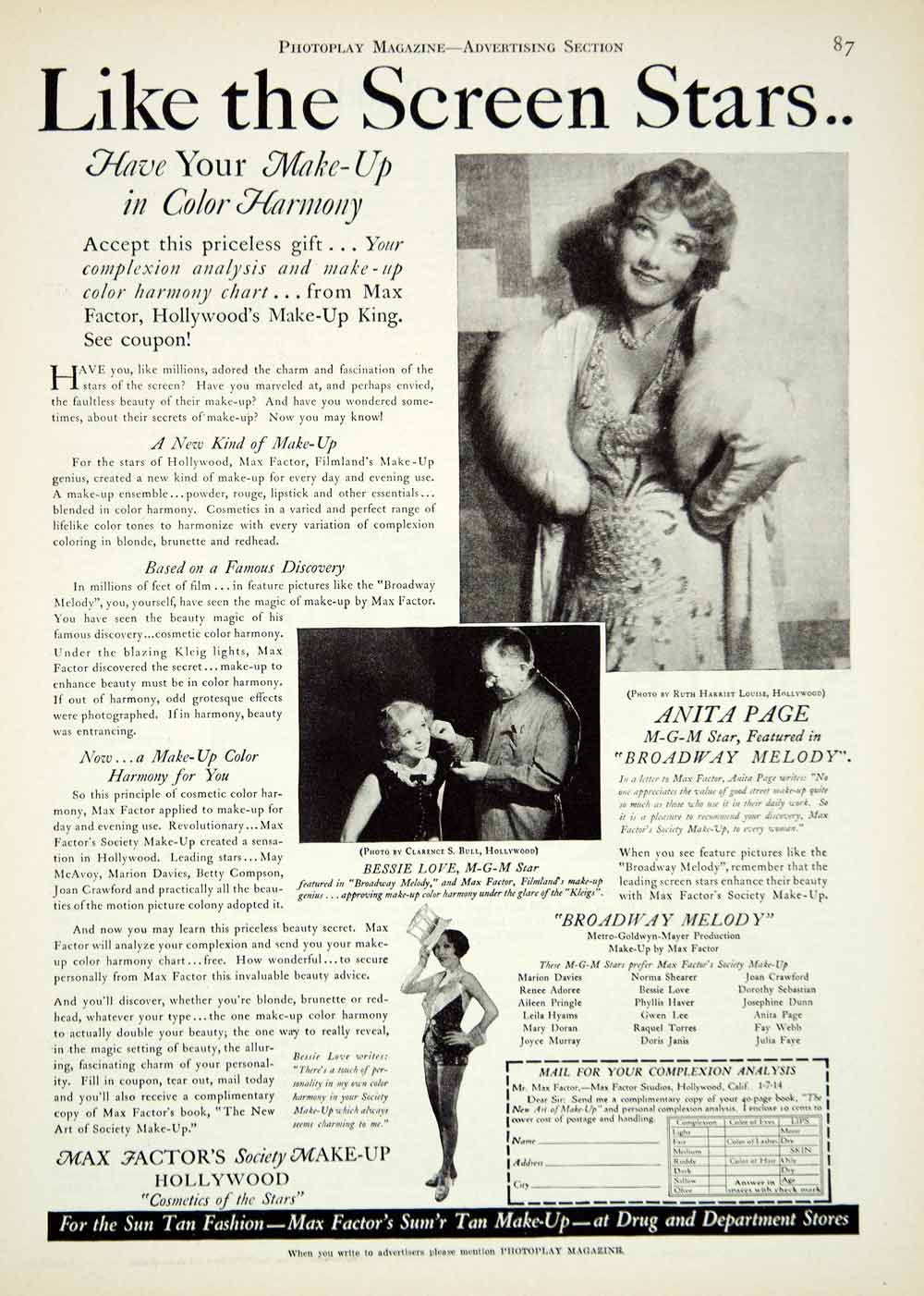 1929 Ad Max Factor Society Makeup Cosmetic Hollywood Star Anita Page Bessie YPP3