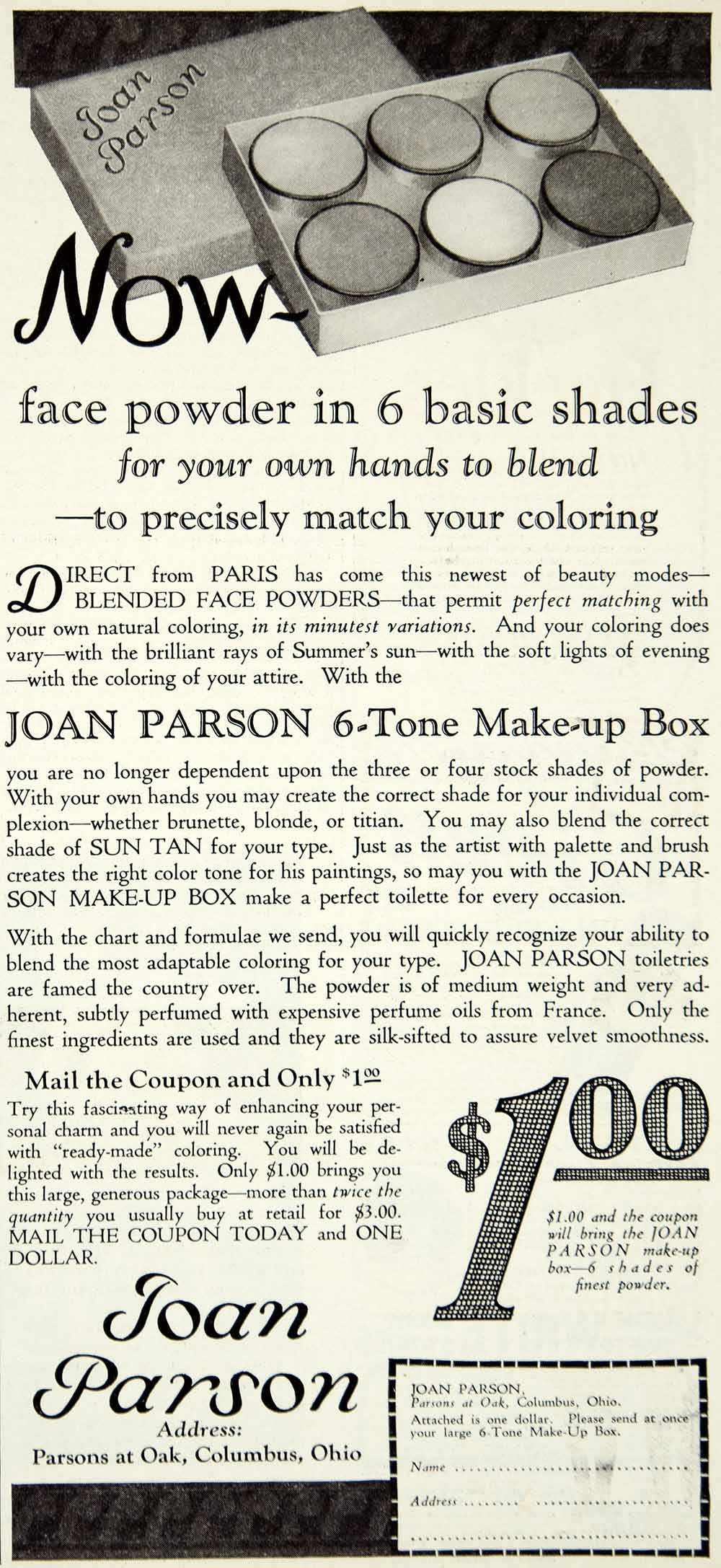 1929 Ad Vintage Joan Parson 6-Tone Make-up Box Face Powder Cosmetic Skin YPP3