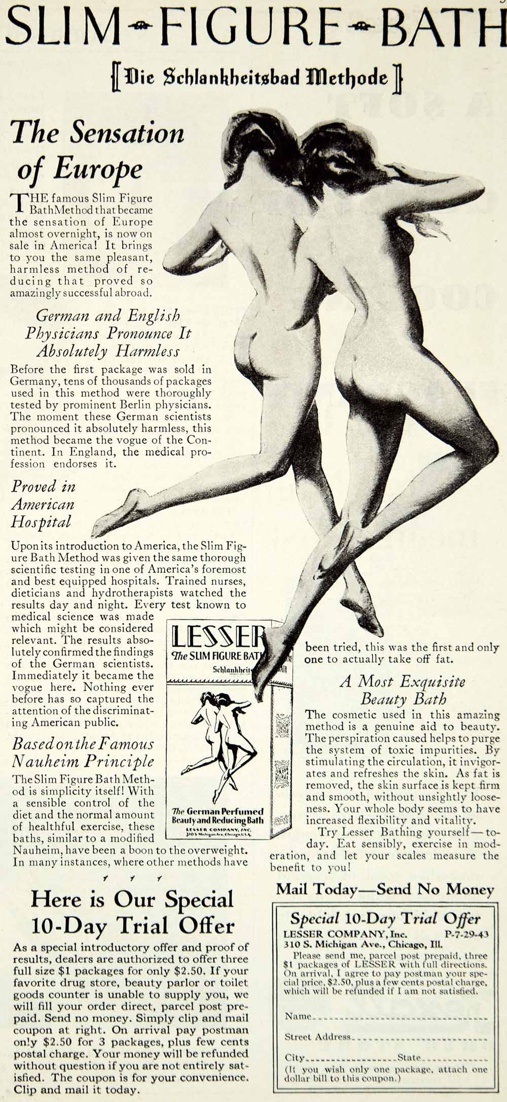 1929 Ad Quackery Lesser Slim Figure Bath Method German Weight Loss Nude YPP3