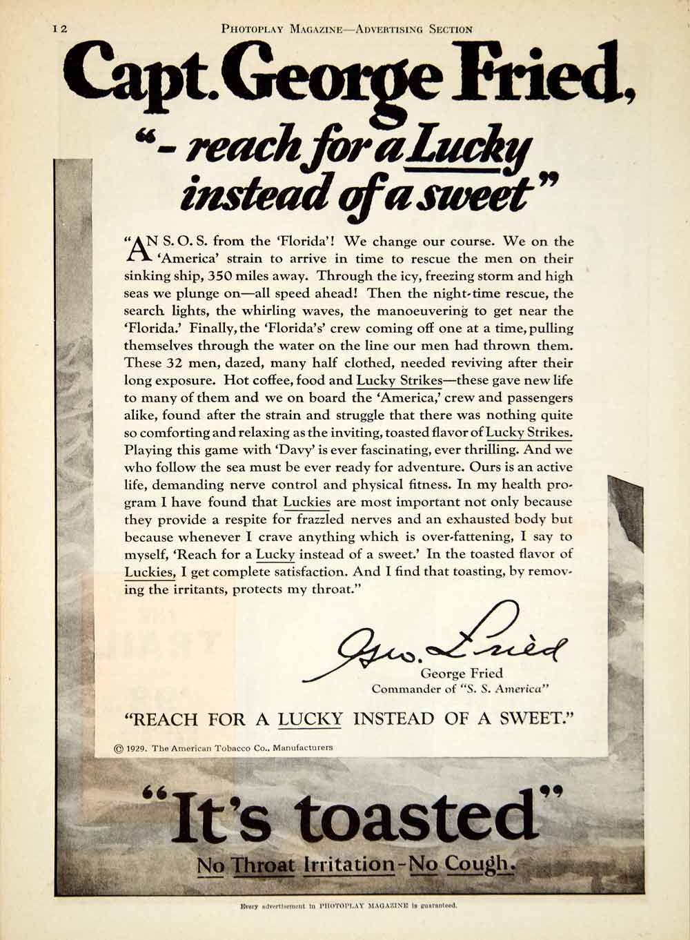 1929 Ad Lucky Strike Cigarettes Captain George Fried S.S. America Rescue YPP3