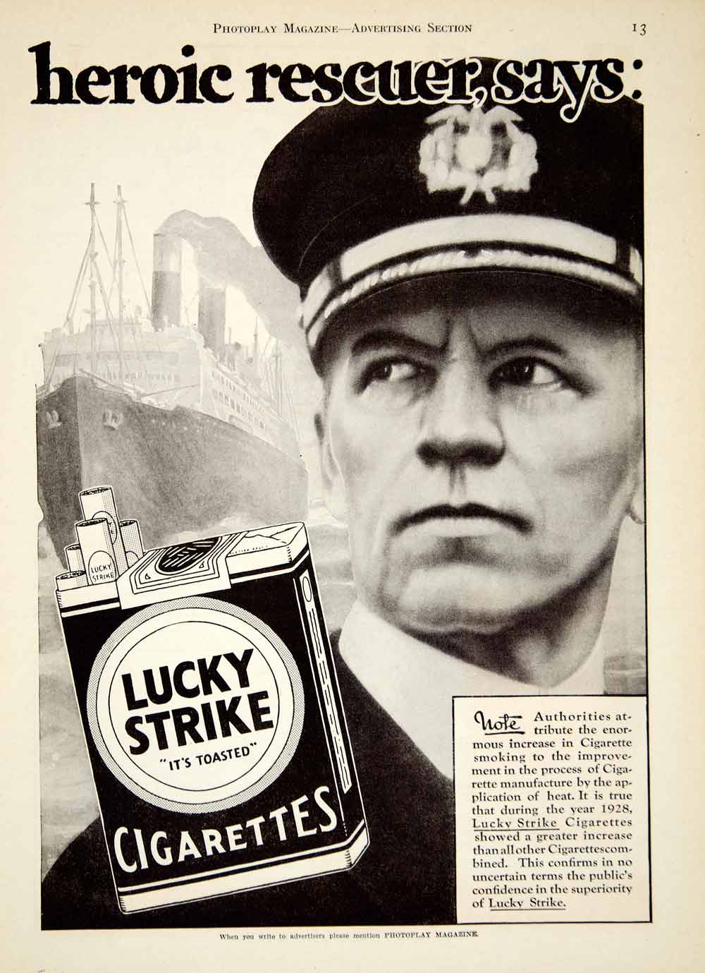 1929 Ad Lucky Strike Cigarettes Captain George Fried S.S. America Rescue YPP3