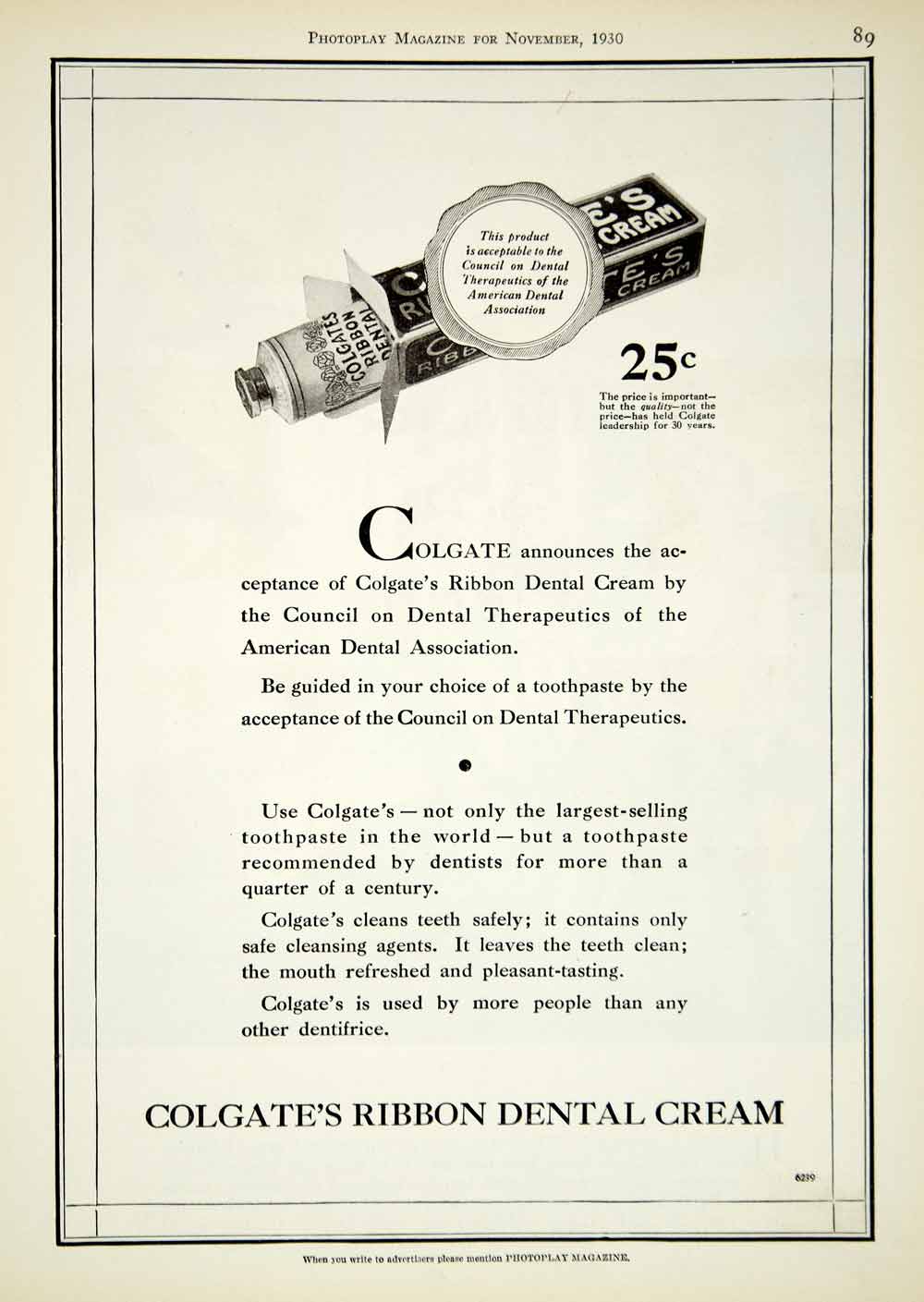 1930 Ad Vintage Colgate's Ribbon Dental Cream Toothpaste Dental Hygiene YPP4