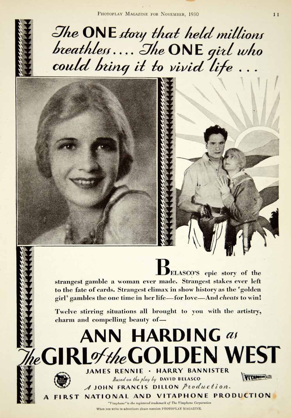 1930 Ad Movie Girl of the Golden West Vitaphone Talkie Ann Harding James YPP4