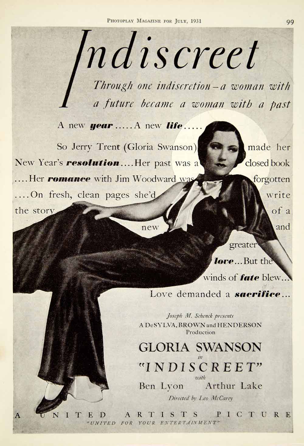 1931 Ad Movie Indiscreet Gloria Swanson Ben Lyon United Artists Film Leo YPP4