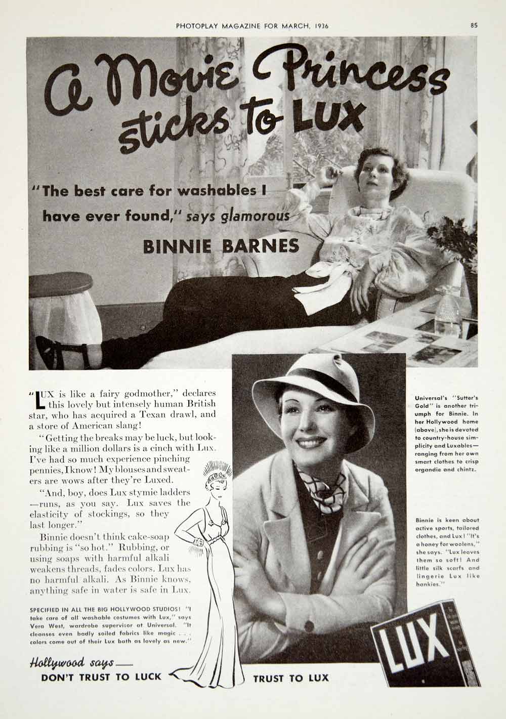 1936 Ad Vintage Lux Laundry Soap Detergent Washing Binnie Barnes