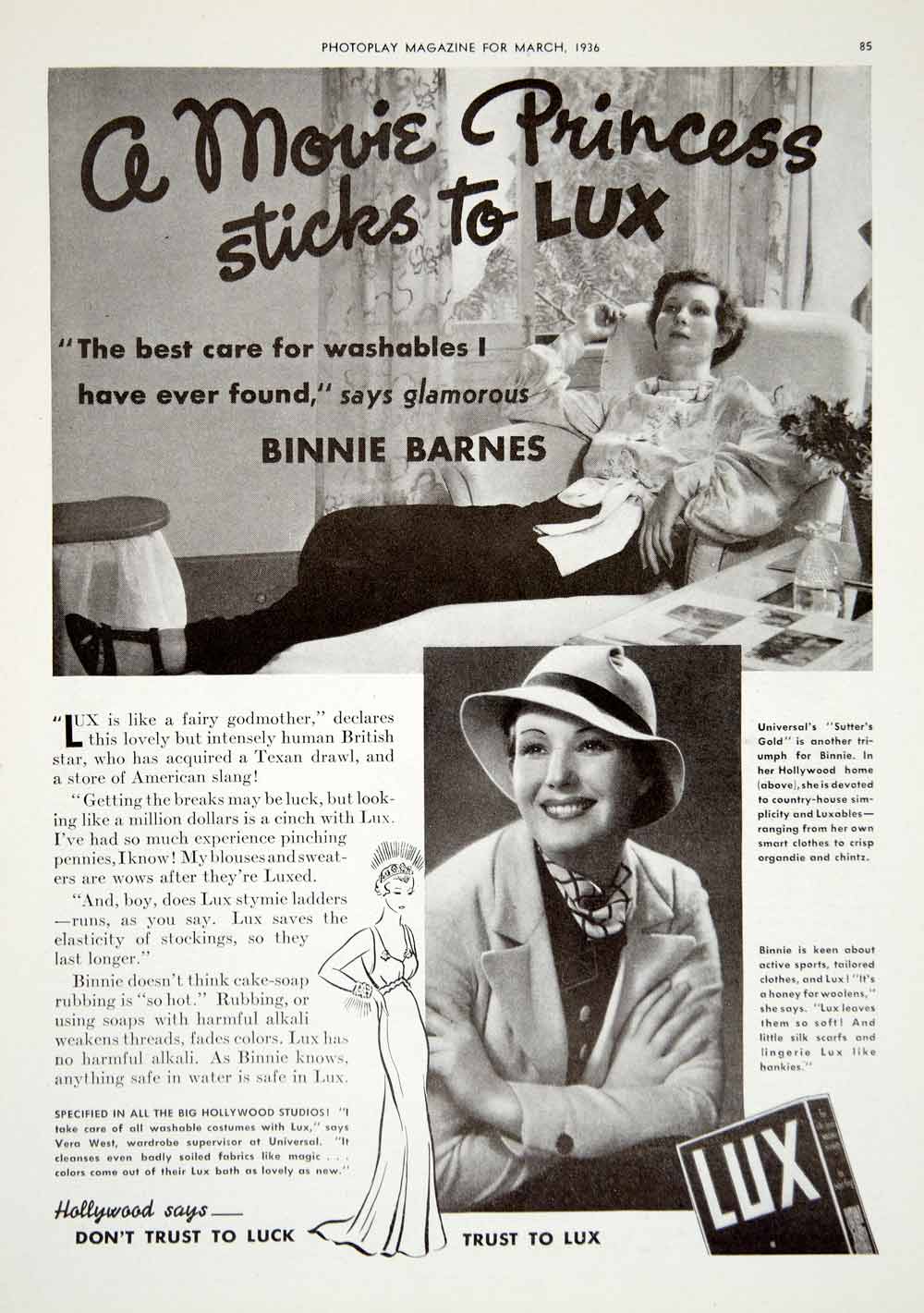 1936 Ad Vintage Lux Laundry Soap Detergent Washing Binnie Barnes Hollywood YPP4
