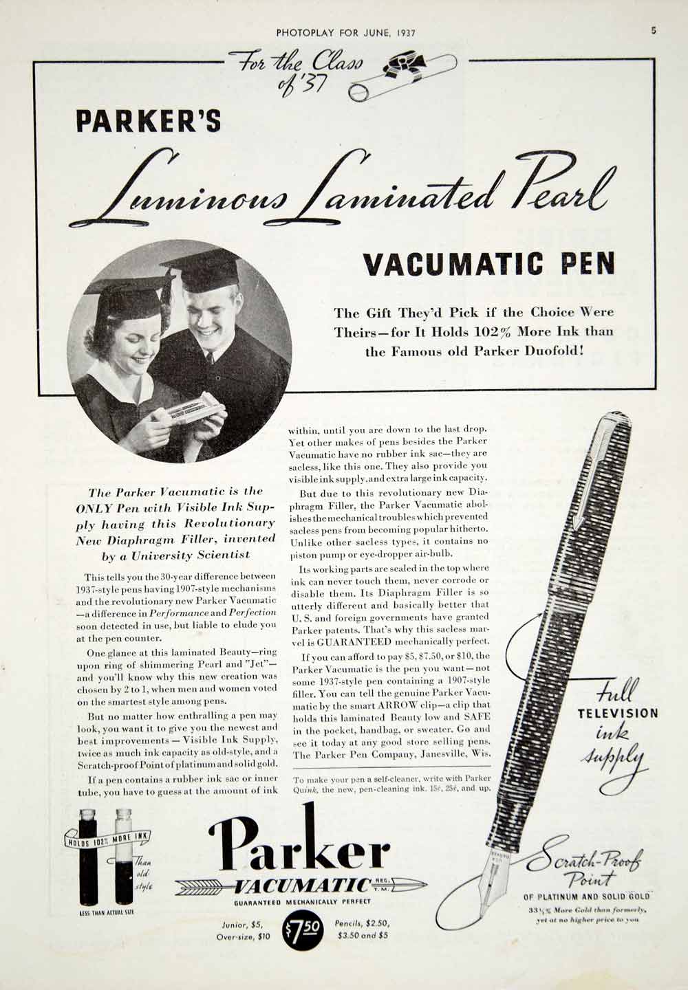 1937 Ad Vintage Parker Luminous Laminated Pearl Vacumatic Fountain Pen YPP4