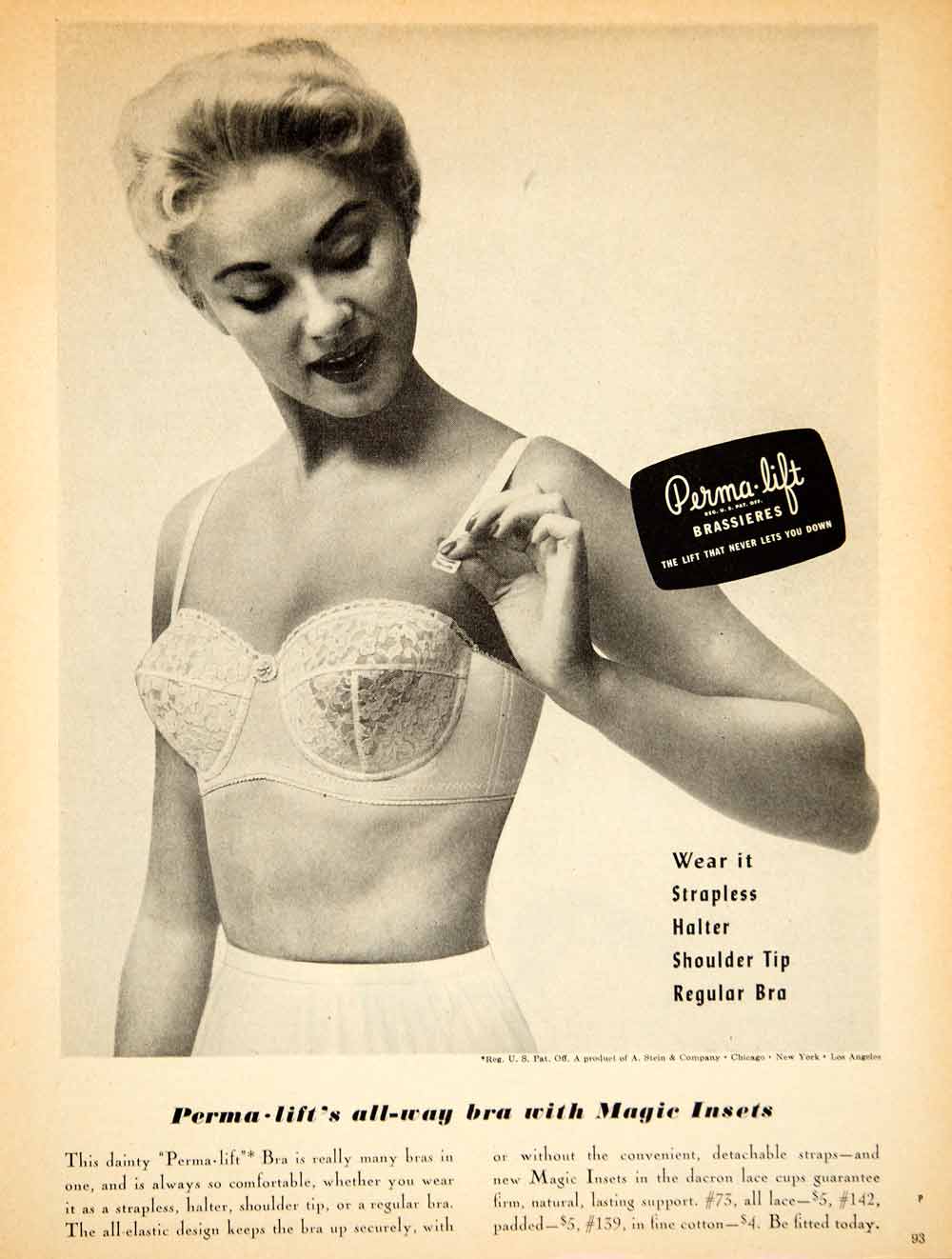 1956 Ad Vintage Perma-lift Brassiere Lace Bra Strapless Halter
