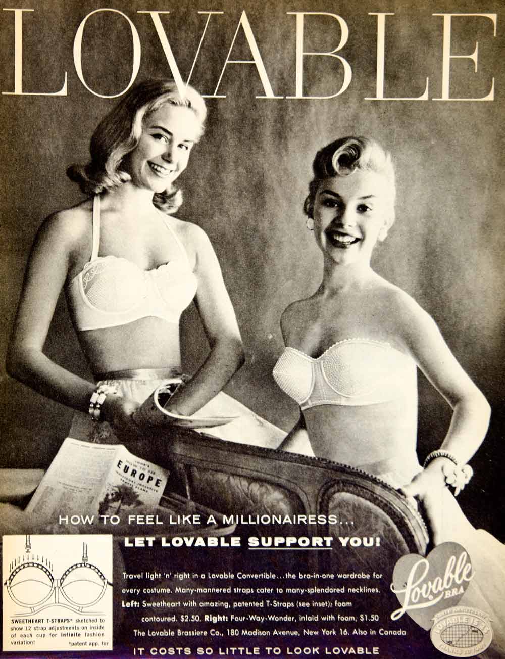 1956 Ad Vintage Lovable Brassiere Sweetheart Strap Strapless