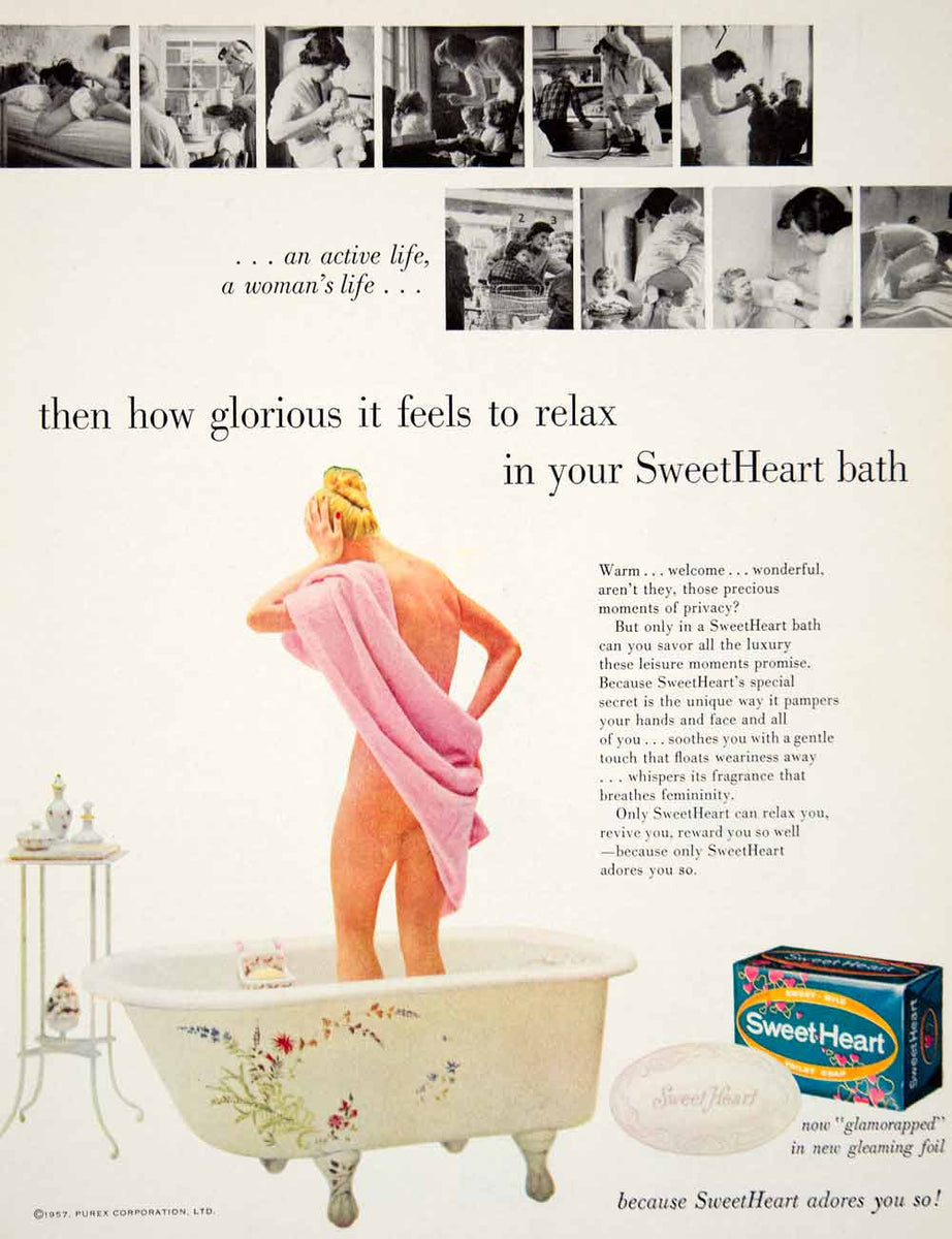 1957 Ad Vintage SweetHeart Soap Woman Nude Beauty Bath Bathtub Tub Ris ...