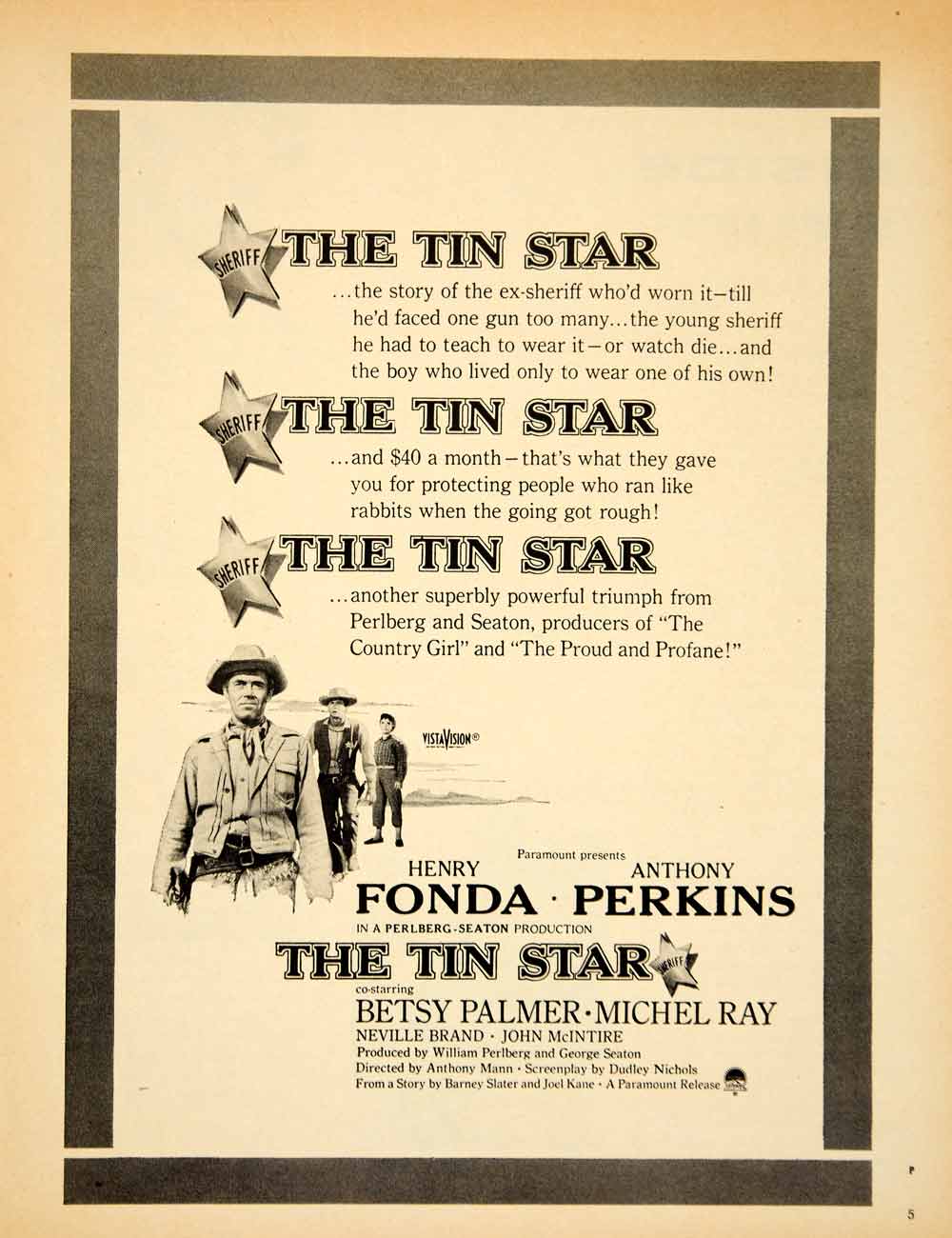 1957 Ad Movie Tin Star Henry Fonda Anthony Perkins Betsy Palmer Western YPP4