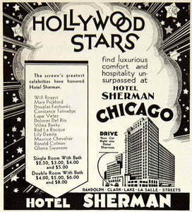 1930 Ad Vintage Hotel Sherman Chicago Hollywood Stars Room Rates Car Garage YPP4