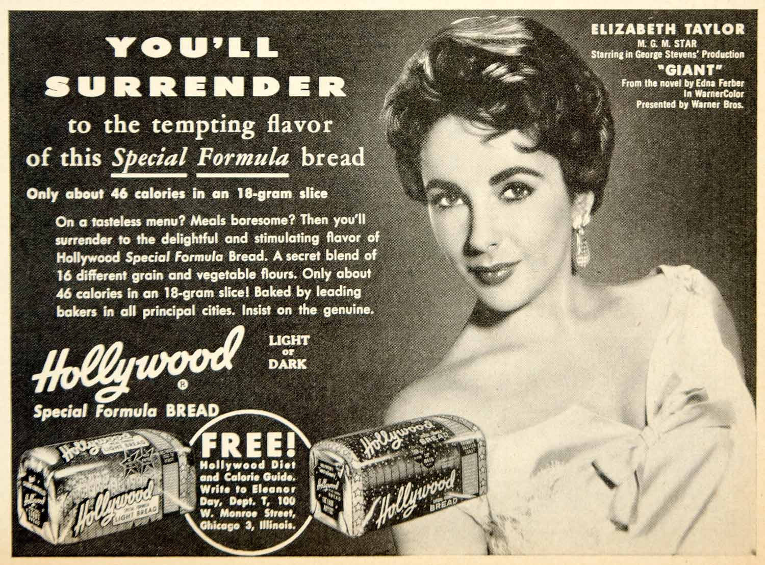 1956 Ad Hollywood Special Formula Bread Elizabeth Taylor Giant Movie YPP4