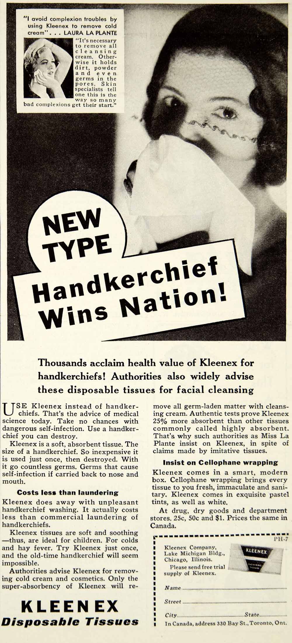 1931 Ad Kleenex Disposable Tissues Handkerchief Laura La Plante Actress YPP4
