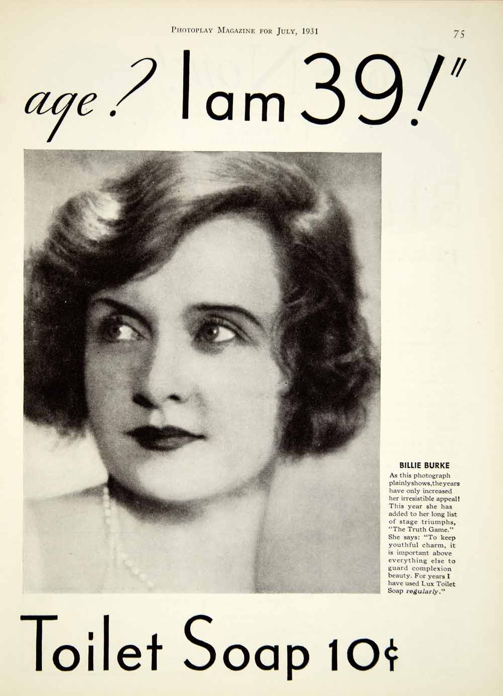1931 Ad Vintage Lux Soap Billie Burke Hollywood Star Skin Care Complexion YPP4