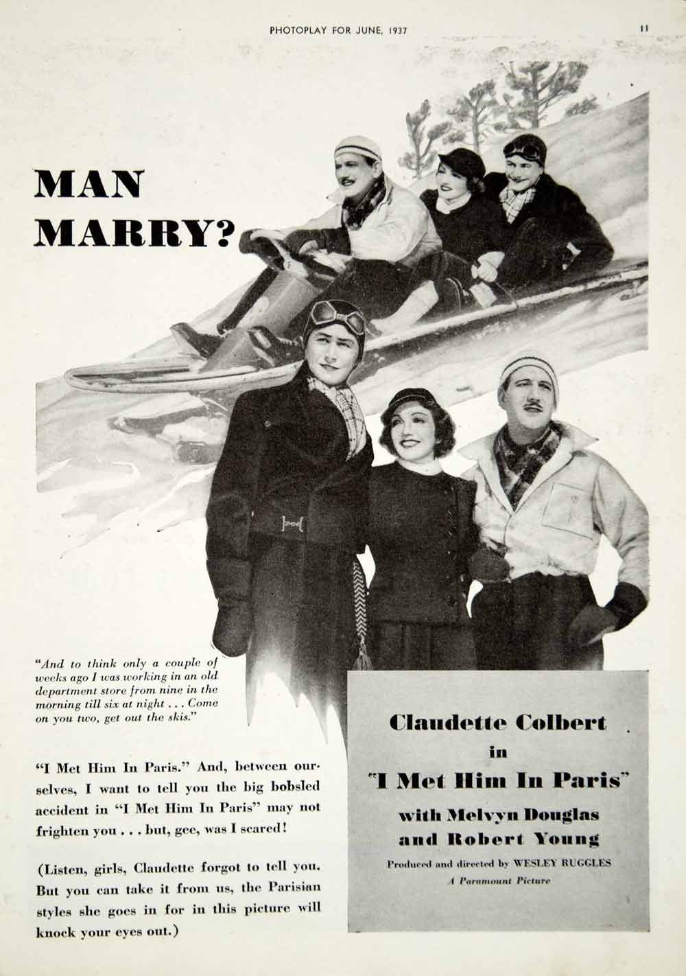 1937 Ad Movie I Met Him in Paris Claudette Colbert Melvyn Douglas Bobsled YPP4