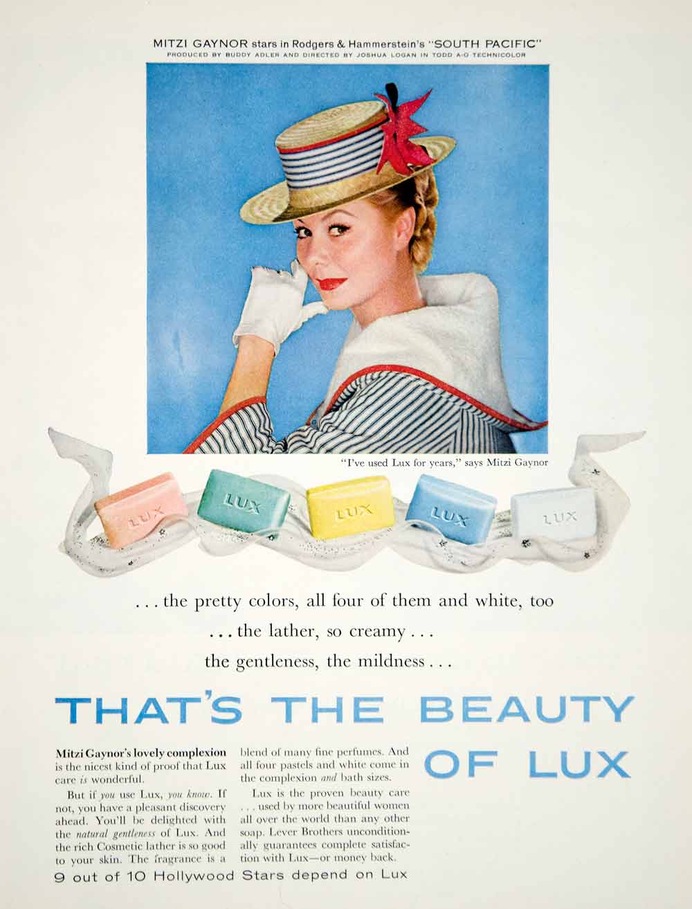 1958 Ad Lux Toilet Soap Bar Mitzi Gaynor Movie Actress Star Skin Care YPP5