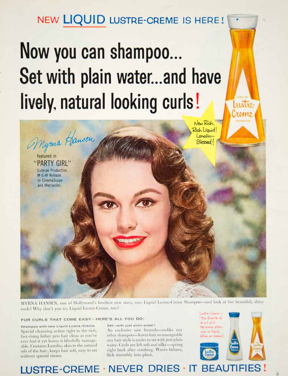 1958 Ad Lustre-Creme Shampoo Myrna Hansen Movie Actress Hair Care Beauty YPP5