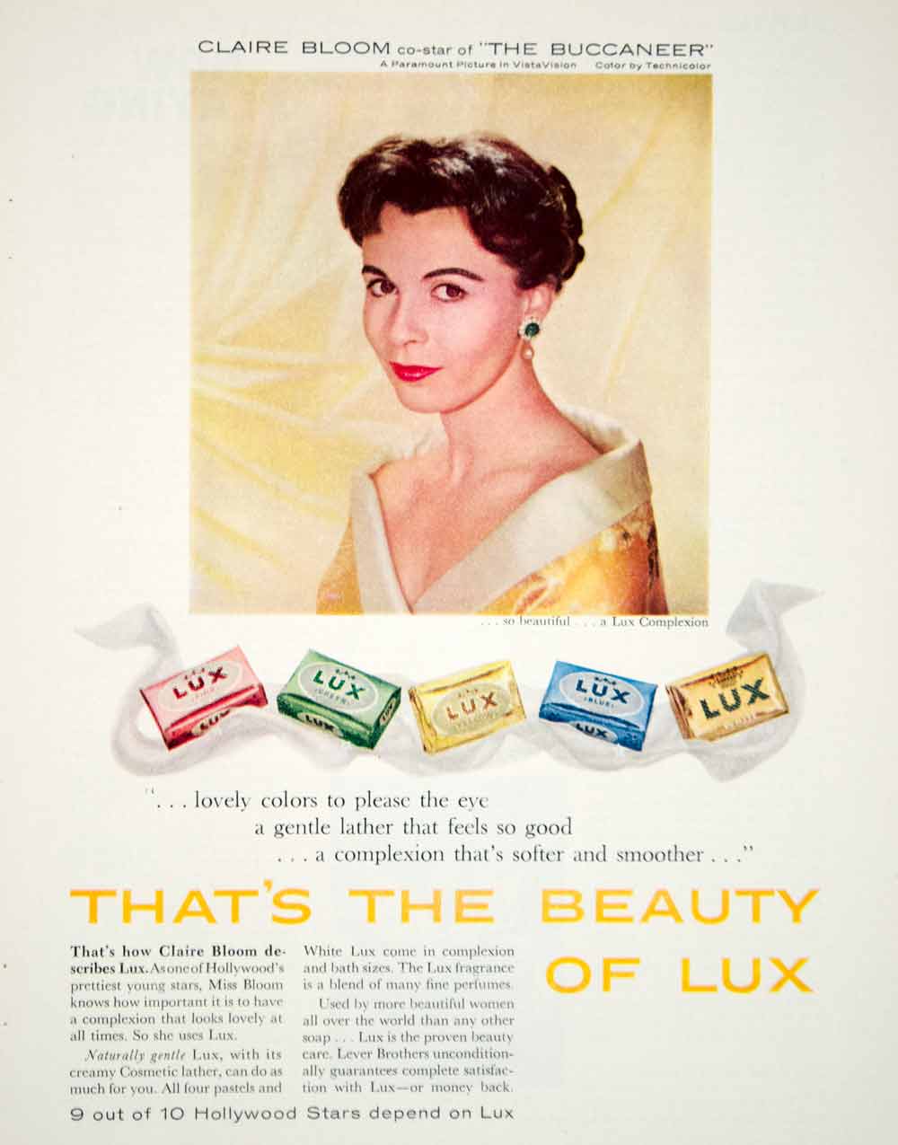 1958 Ad Lux Toilet Soap Bar Claire Bloom Hollywood Movie Star Actress Skin YPP5