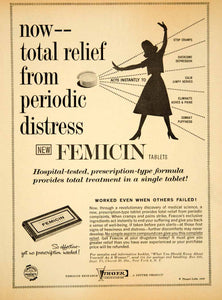 1959 Ad Femicin Tablets Pill Women Depression Cramps Pain Remedy OTC Thayer YPP5