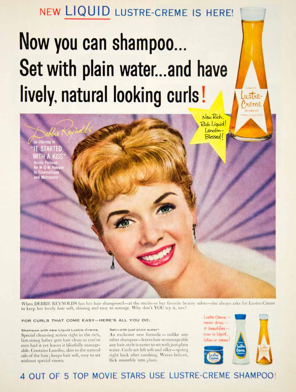 1960 Ad Liquid Lustre-Creme Shampoo Debbie Renolds Movie Star Actress Hair YPP5