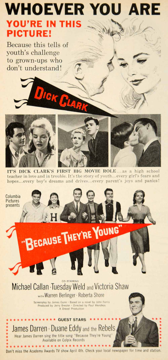 1960 Ad Movie Because They're Young Dick Clark Tuesday Weld High Schoo ...