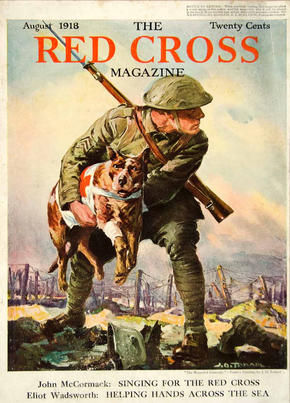 1918 Cover Red Cross Magazine WWI Soldier Gun Bayonet Dog Medic Garden City YRC1