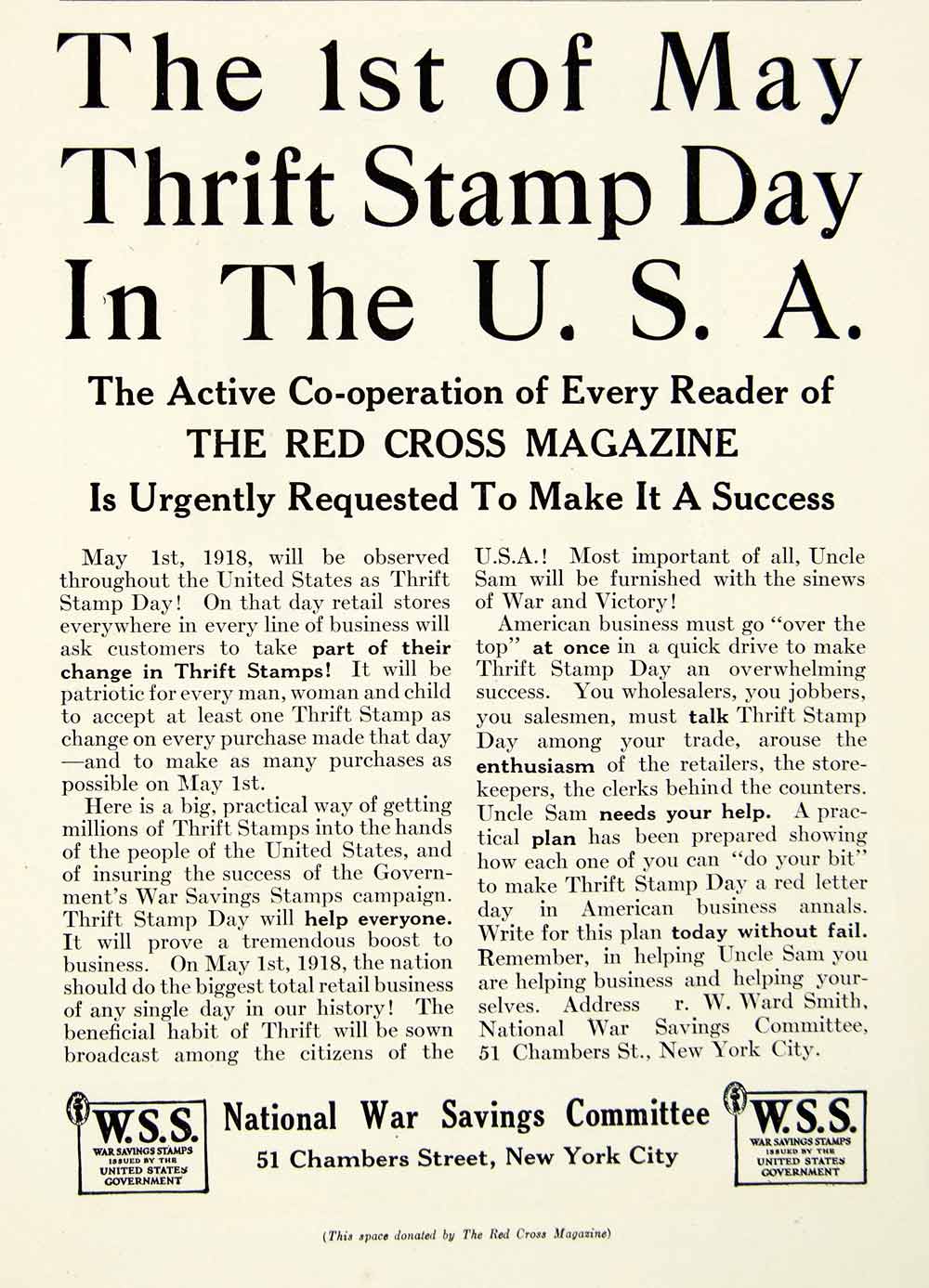 1918 Ad Thrift Stamp WWI National War Savings Committee 51 Chambers St New YRC1