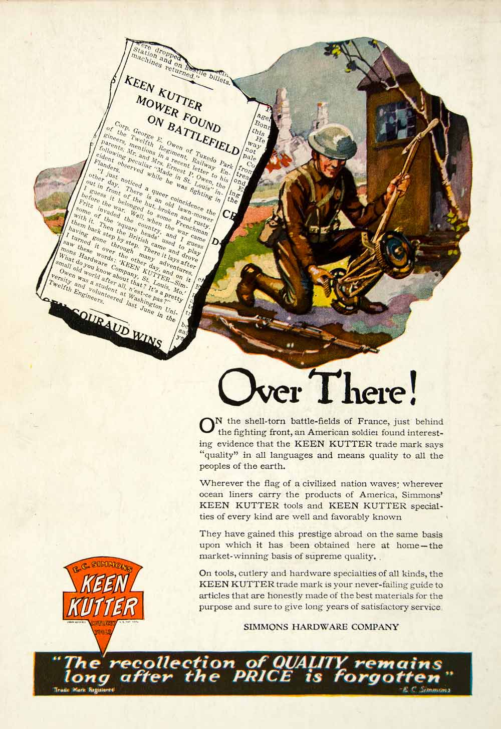 1918 Ad WWI Keen Kutter EC Simmons Lawnmower Soldier Hardware Yard Tool YRC1